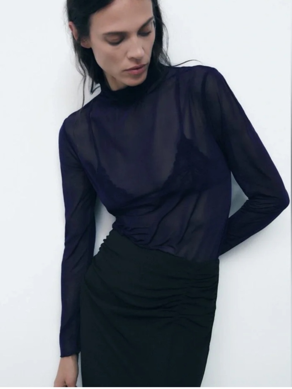 Zara Sheer Long-Sleeve Mock Neck Top - Black
